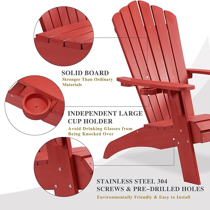 Psilvam Adirondack Chair, Oversized Poly Lumber Fire Pit Chair with Cup Holder, 350Lbs Support Patio Chairs for Garden, Weather Resistant Adirondack Chair Looks Like Real Wood (4, Red)