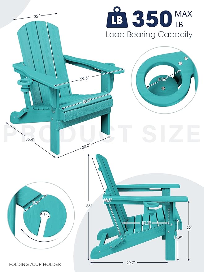 KINGYES Folding Adirondack Chair Set of 4, Dual Cup Holders & All-Weather HDPE, Wood-Like Patio Chair for Backyard, Camping, Pool & Fire Pit, Aruba