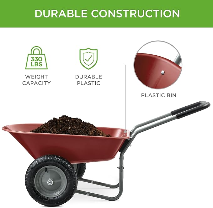 Best Choice Products Dual-Wheel Home Utility Yard Wheelbarrow Garden Cart w/Built-in Stand for Lawn, Gardening, Construction - Red