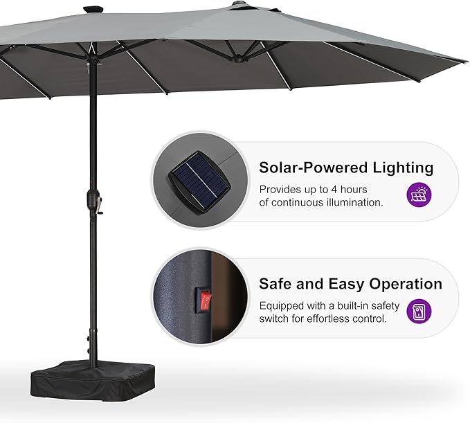 PURPLE LEAF 15ft Patio Market Umbrella with Solar LED and Base Double-Sided Rectangle Outdoor Table Sun Umbrellas with Crank for Pool Beach Deck Backyard Light Gray