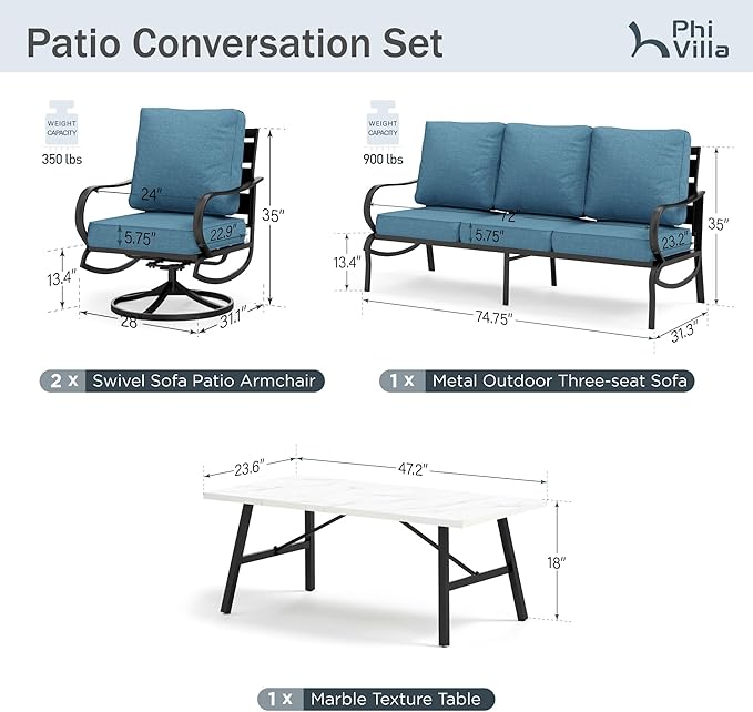 PHI VILLA 4 Piece Patio Furniture Sets for 5 Person with 1 x 3-Seat Deep Seating Bench, 2 x Cushioned Swivel Sofa Chairs & 1 x Coffee Table, Outdoor Metal Conversation Set for Lawn Garden, Navy Blue