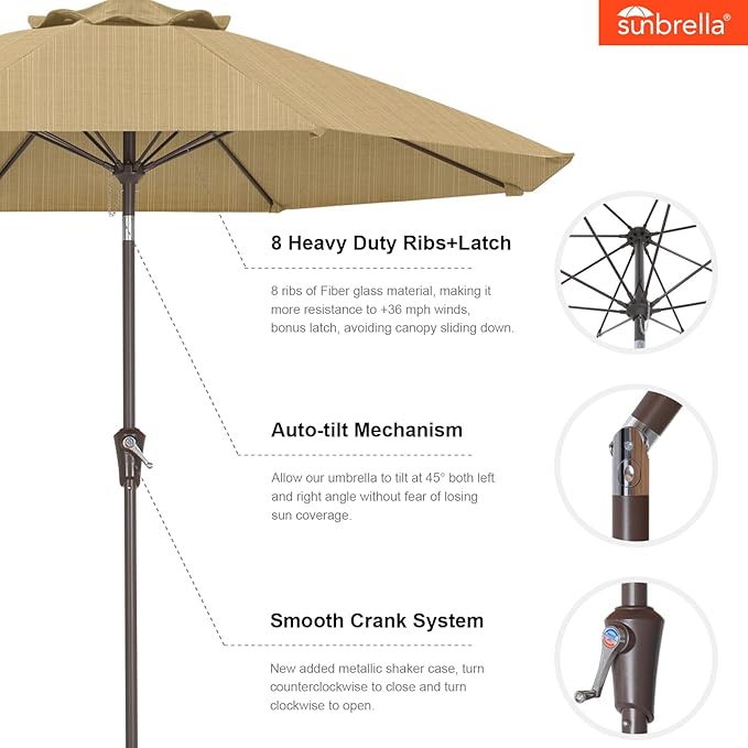 ABCCANOPY 10-Year No Fading 9FT Patio Umbrella, Acrylic Outdoor Table Umbrella with 8 Sturdy Ribs for Deck, Backyard, Garden, Yard (Khaki)