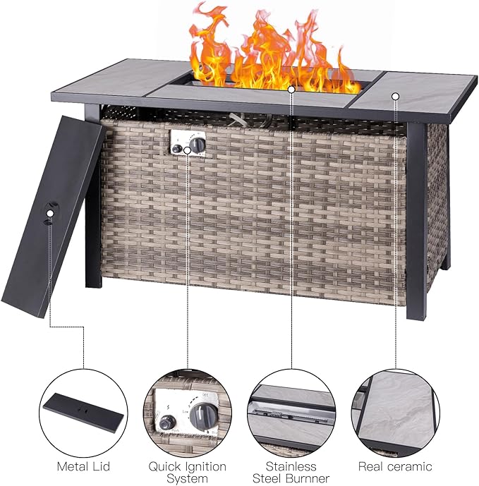 47" Propane Fire Pit Table with Real Ceramic Tabletop & Ratten Side Panel, 50000 BTU Gas Firepit Table with Lid & Lava Stones, Outdoor Fire Pit for Dining or Party, Firepit for Outside, Patio
