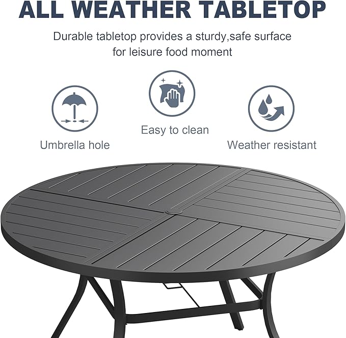 VICLLAX Round Patio Dining Table, 6 Person Metal Outdoor Dining Table with Umbrella Hole and Storage Shelf for Garden Lawn Deck, 50" Black