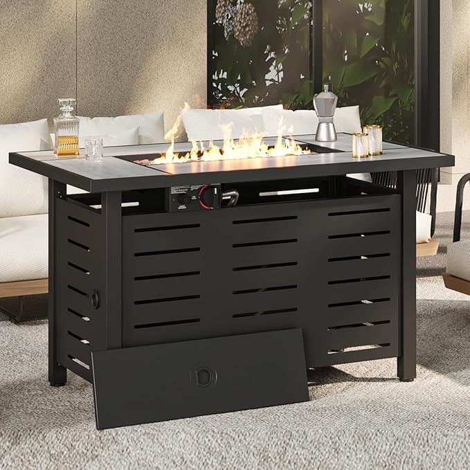 42" Outdoor Propane Fire Pit Table Ceramic Top & Lava Rocks,60000 BTU Rectangle Patio Heater Waterproof Lid Gas Fire Pits for Outside Patio Black