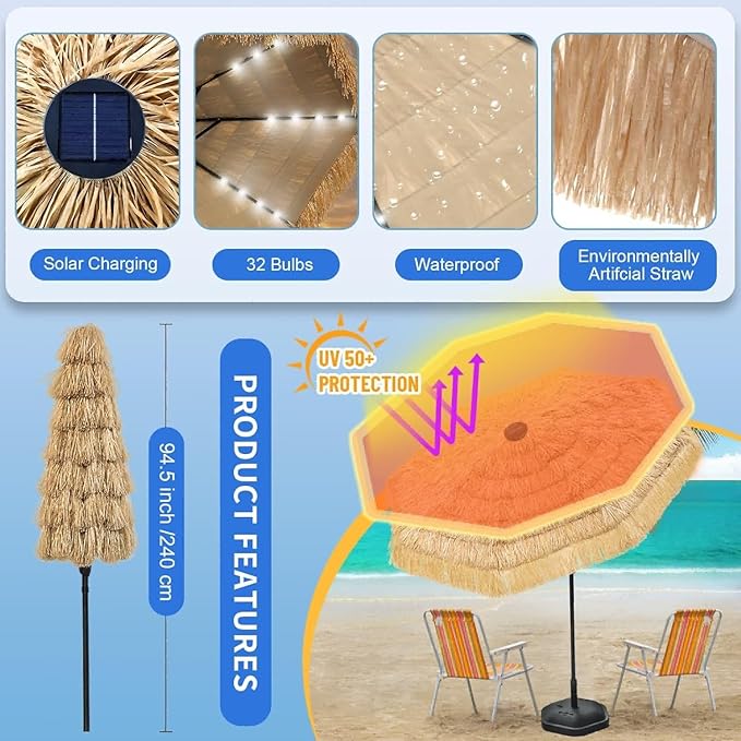 9 FT Solar Thatch Tiki Umbrella, Hawaiian Style Straw Umbrella, UPF 50+ Patio Umbrellas with 32 LED Lights for Beach, Pool,Garden