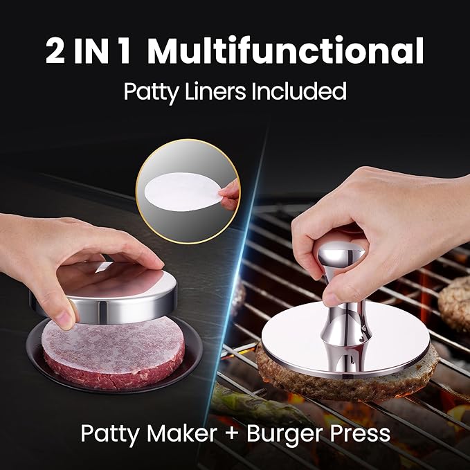 2-in-1 Smash Burger Press & Patty Maker, Heavy Duty Premium Stainless Steel Hamburger Helper, Easy-Clean Design, Hamburger Press with Patty Liner, Mirror Polished Burger Mold, Dishwasher Safe