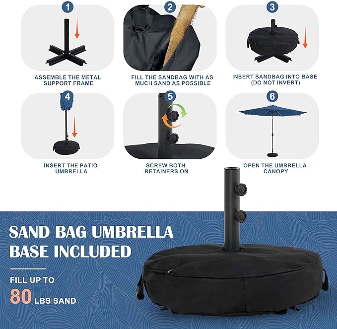 Sundale Outdoor Olefin 5-Year-Non-Fading Solar 88 LED 10FT Solar Patio Umbrella with Sand Bag Base, Outdoor Umbrella with Tilt and Crank, Navy