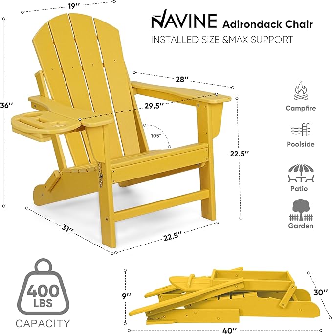 Adirondack Chair Set of 6, HDPE Folding Adirondack Chair with Multifunctional Cup Holder, Weather Resistant Fire Pit Chair for porches, patios, poolsides, Decks.