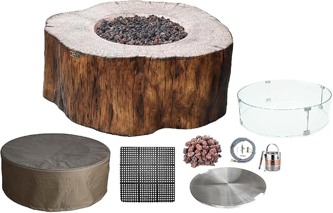 Elementi Lunar Bowl Cast Concrete Fire Table Bundle, Outdoor Fire Pit Fire TablePatio Furniture, Light Gray (Natural Gas)