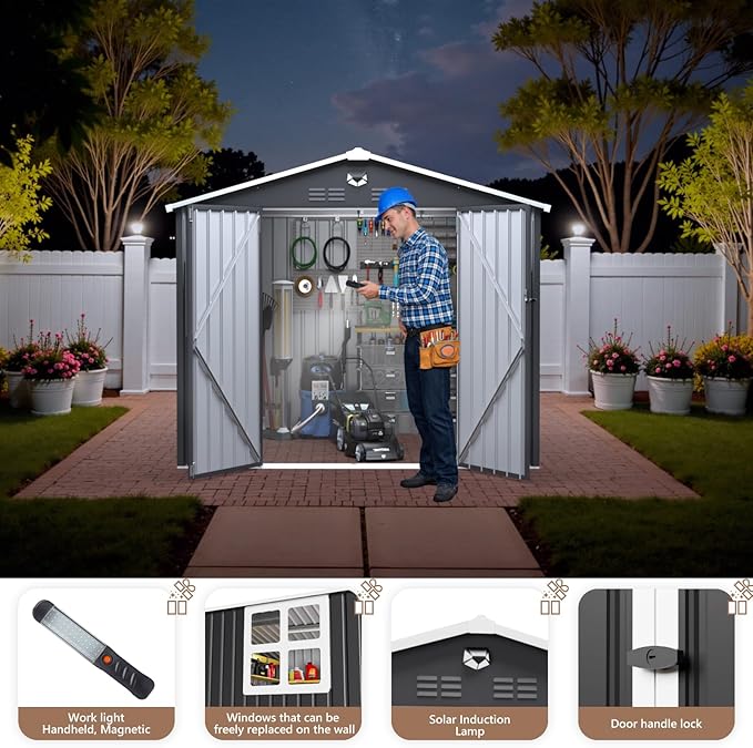 8x6 FT Outdoor Storage Shed, Metal Sheds & Outdoor Storage, Waterproof Sheds with Lockable Doors for Backyard