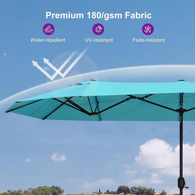 PURPLE LEAF 13ft Patio Market Umbrella with Base Double-Sided Rectangle Outdoor Table Sun Umbrellas with Crank 12 Heavy Duty Sturdy Ribs for Pool Beach Deck Backyard Turquoise Blue
