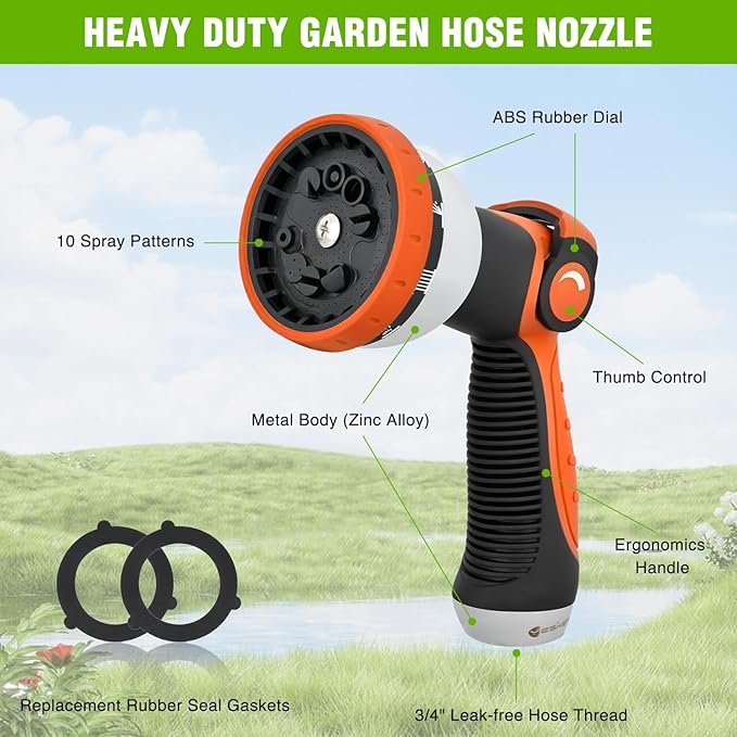 Yesker Garden Hose Nozzle Water Hose Sprayer Nozzle Adjustable 10 Spray Patterns Heavy Duty Metal Nozzles Thumb Control w Non-Slip Grip for Outdoor Watering Plants Lawn Washing Car Pets Black & Orange