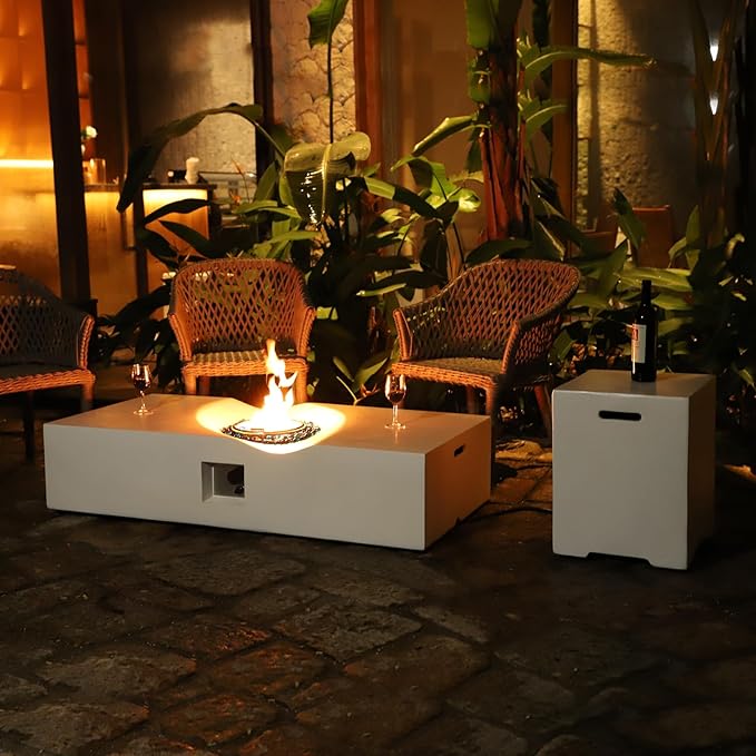Rectangular Propane Fire Pit,56 Inch Outdoor Fire Pit Table Set w Tank Cover,2-Piece 50,000 BTU Gas Firepits w Glass Stones,Gas Fireplace for Outside Patio & Deck