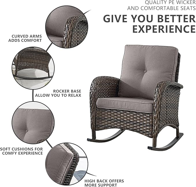 HUMMUH 5-Piece Outdoor Patio Furniture PE Wicker Patio Conversation Set,All-Weather Outdoor Rocking Chairs with Patio Couch Tables for Backyard,Poolside,Deck