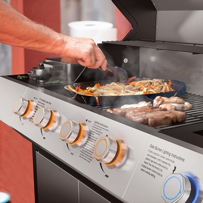 4-Burner Propane Gas Grill with Side Burner Led Knob, 60,000 BTU Stainless Steel Outdoor BBQ Grill with Porcelain-Enameled Cast Iron Grates for Outdoor Cooking