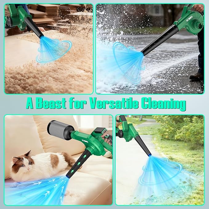 K I M O. Cordless Leaf Blower and Vacuum Combo 4 In 1, 3 Nozzles for Inflation and Deflation, 190MPH/260CFM, Smart Panel w/ 3Modes, 20" Extended Tube, 2Pack Battery Operated Leaf Blowers for Lawn Care