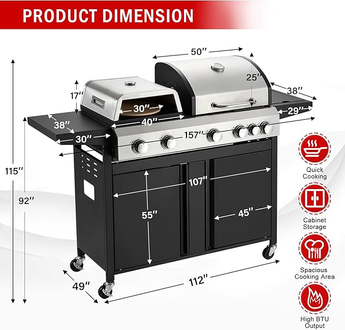 MELLCOM 3 IN 1 Pizza Griddle Grill Combo, 74,000 BTU 5-Burner Stainless Steel Propane Gas Grill with Side Burner, Porcelain Enameled Cast Iron Grates, Griddle & Pizza Oven for Outdoor Patio Backyard