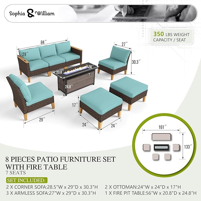 Sophia & William Patio Furniture Set with Fire Pit Table, 8 Piece Outdoor Wicker Furniture Sectional Sofa, Large Patio Rattan Conversation Set with Ottoman & 56" Fire Pit Table(Aqua Blue)
