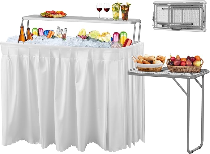 IWDOO Two Tier Ice Cooler Table with Foldable Extension Stand, 4 Foot Outdoor Ice Table with Matching Skirt & Drain Hose, Folding Cooler Server with Metal Shelf for Party, BBQ, Camping Picnic, White