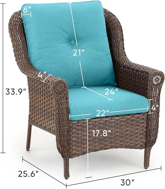 Patio Wicker Chairs Outdoor Furniture Chair - Set of 4 Outside All Weather Lawn Dining Brown Rattan Armchair with High Back&Deep Seating for Deck Porch Balcony Backyard Garden - Turqoise