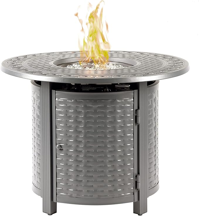 Round 34 in. x 34 in. Aluminum Propane Fire Pit Table with Glass Beads, Two Covers, Lid, 37,000 BTUs in Grey Finish