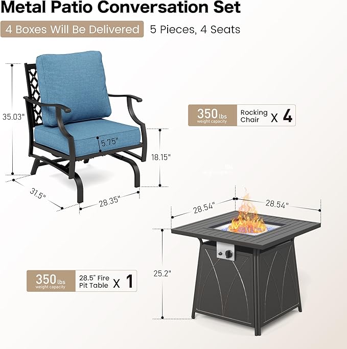 SUNSHINE VALLEY 5 Piece Metal Outdoor Patio Furniture Set with Fire Pit Table, Patio Conversation Sets 4 Rocking Chairs with 5.75" Thick Cushion and 5000 BTU Fire Pit Table, Backyard Furniture, Navy