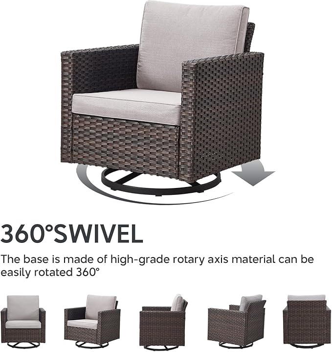 5 Piece Wicker Patio Furniture Set - Outdoor Swivel Rocker Chairs Set with 3 Seat Sofa and Ottomans, Small Patio Conversation Sets Proch Furniture for Balcony Deck - Brown/Beige