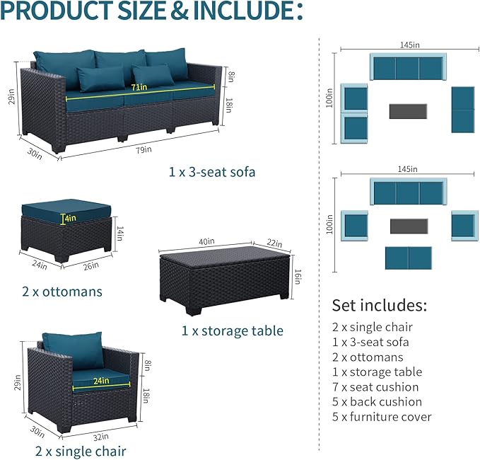 Rattaner Patio Furniture Set 6 Pieces Couch Outdoor Chairs Coffee Table Peacock Blue Anti-Slip Cushions and Waterproof Covers