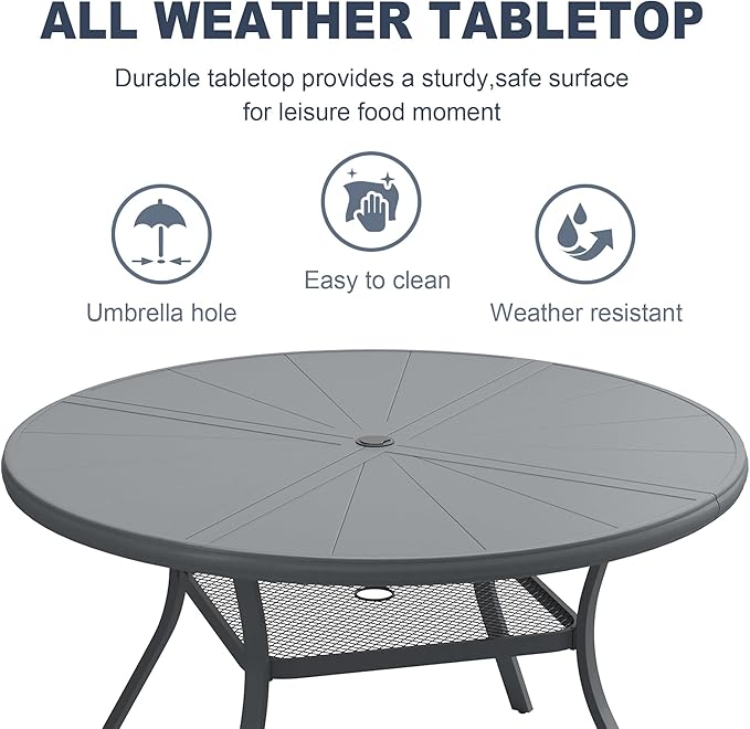 VICLLAX Round Patio Dining Table, 4-6 Person Aluminum Outdoor Dining Table with Umbrella Hole and Storage Shelf for Garden Lawn Deck, 47.2" Dark Grey