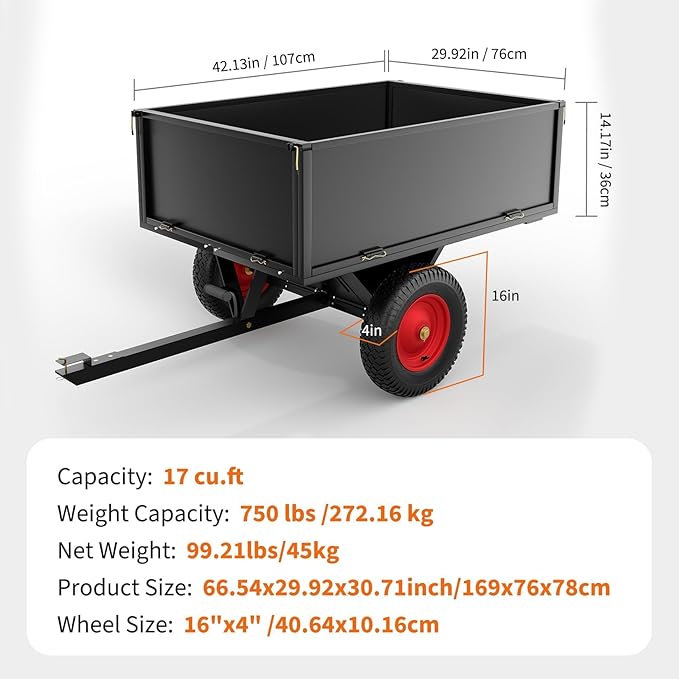 GarveeLife ATV Trailer Tow Behind Steel Dump Cart, 750 lbs 17 Cubic Feet Heavy Duty Yard Garden Utility Trailer Pull Behind with Removable Sides & All Terrain Tires for Lawn Mower, Tractor, Yard
