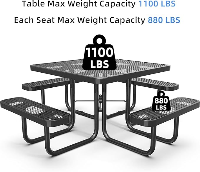 dafrigic 46" Square All Weather Resistant Commercial Picnic Table for Outdoors, Heavy Duty Picnic Table up to 4600 lbs with Umbrella Hole for School, Warehouse, Coffee Shop, Black