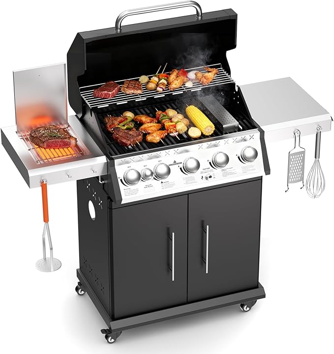 SKOK 5+1 Burners Infrared Grill, Gas Grill with Cast Iron Grates, Outdoor Barbecue Grill 72,000 BTU Output
