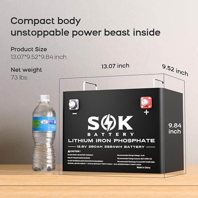 SOK Battery 12V 280Ah LiFePO4 Lithium Iron Phosphate Deep Cycle Battery, Low Temperature Disconnect Built-in Heater Perfect for Your RV or Solar and Wind Off-grid Applications