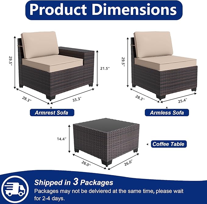 Outdoor Patio Furniture Set, 6 Pieces Outdoor Sectional Furniture High Backrest Patio Sofa, All-Weather PE Rattan Patio Conversation Set with Coffee Table & Cushions-Sand.