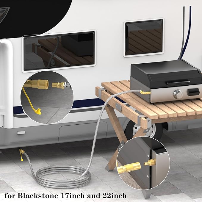 6FT Propane Quick Connect Hose for RV to Gas Grill, RV Quick Connect Propane Hose to RV 1/4" Female Quick Disconnect, with 1/4" Safety Shutoff Valve & Elbow Adapter for Blackstone 17"/22" Griddle