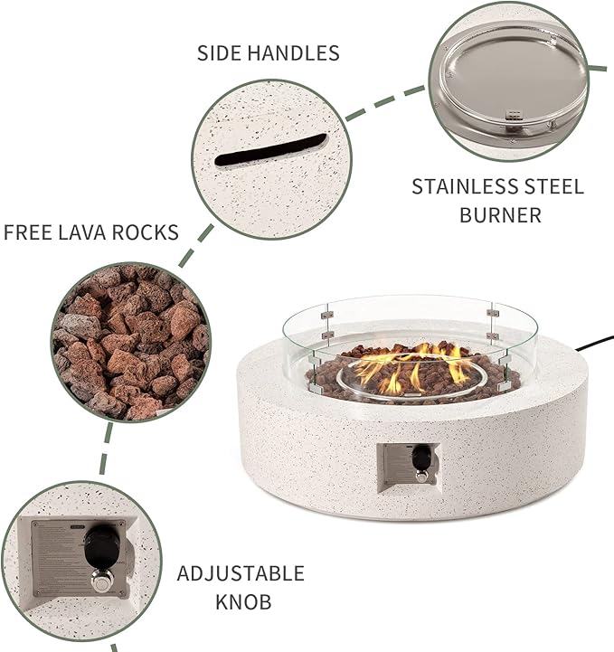 COSIEST Outdoor Propane Fire Pit Coffee Table w Beige 42 inch Round Base Patio Heater, Certified, 50,000 BTU Stainless Steel Burner, Wind Guard, Tank Outside, Free Lava Rocks, Waterproof Cover