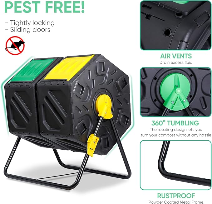 BBBuy Compost Bin Tumbling Composter Rotating w/ 2 Sliding Doors Compost Bin, Dual Chamber All Season Heavy Duty Outdoor Gardening Composting Tumblers Garden Yard (37 Gallon, Black)