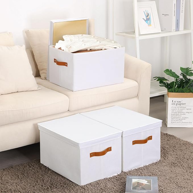 Fabric Storage Bins with Lids, 15 x 9.8 x 8.3 Inch Storage Boxes for Shelves Wardrobe Bedroom, Closet Organizers with Handles, White, 3-Pack