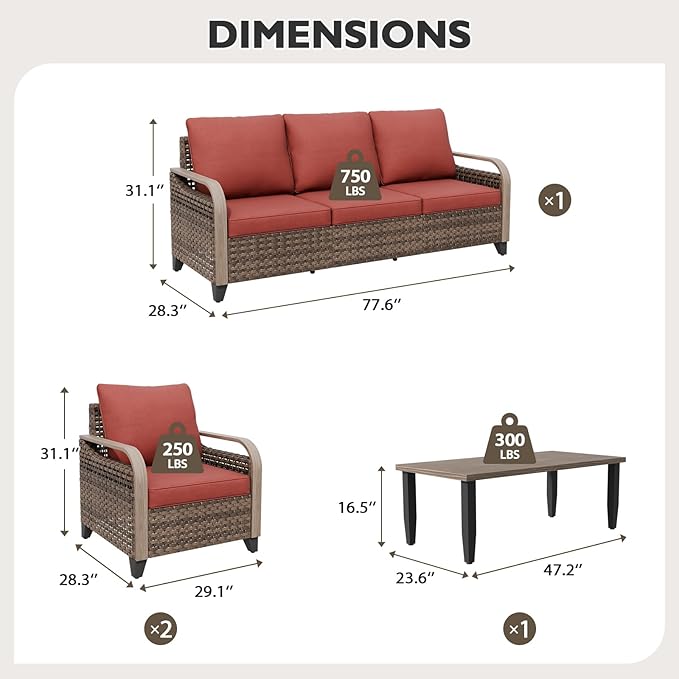 EAGLE PEAK Modern Wicker Outdoor Patio Furniture Set, Patio Conversation Set, 2 Chairs, 3-Seat Loveseat and Coffee Table, 4 Pieces, Brown/Red