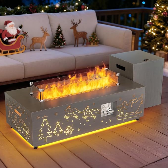 Dineli Propane Fire Pit Table 42 Inch Gas Fire Pits & Outdoor Fireplaces w LED, Tabletop Fire Pit Firepits for Outside Patio, 50,000 BTU (Gray, Christmas Pattern with Warmlight)