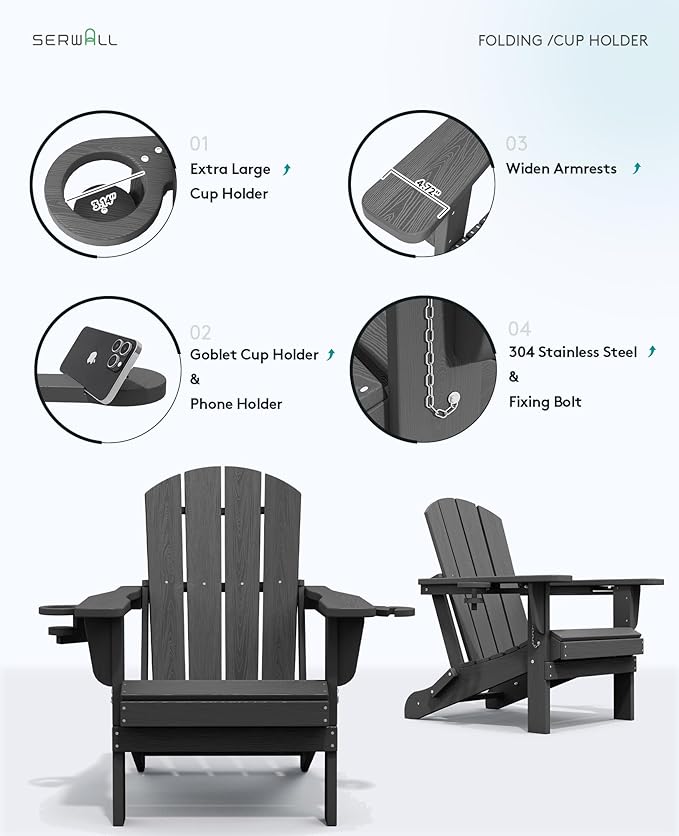 SERWALL Foldable Adirondack Chair Set of 8, Oversized HDPE Adirondack Chair with Wood-Texture-Gray