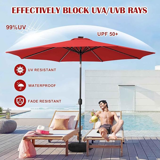 Sundale Outdoor Olefin 5-Year-Non-Fading Solar 104 LED 11FT Solar Patio Umbrella with Sand Bag Base, Outdoor Umbrella with Tilt and Crank, Red