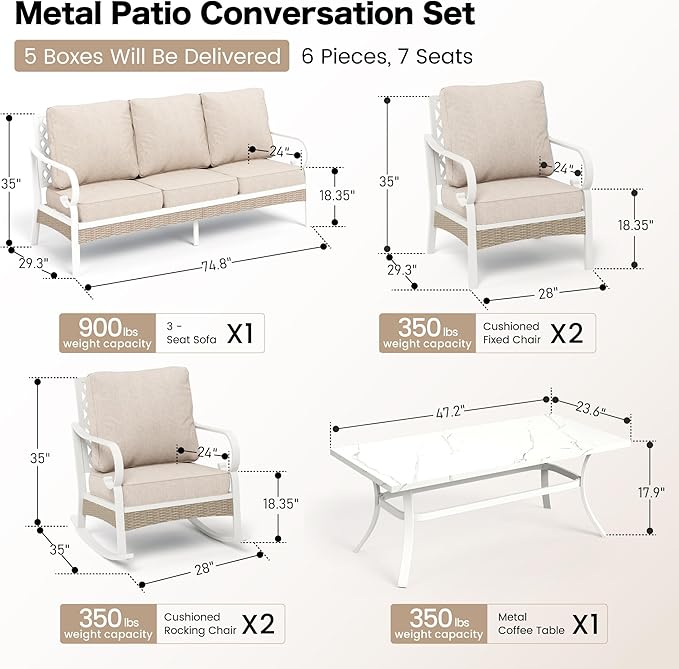 SUNSHINE VALLEY 6 PCS Metal Outdoor Patio Furniture Set, Patio Conversation Set 1 3-Seater Couch, 2 Fixed Sofa, 2 Rocking Sofa with 5.75" Thick Cushion and Coffee Table White Backyard Furniture, Beige
