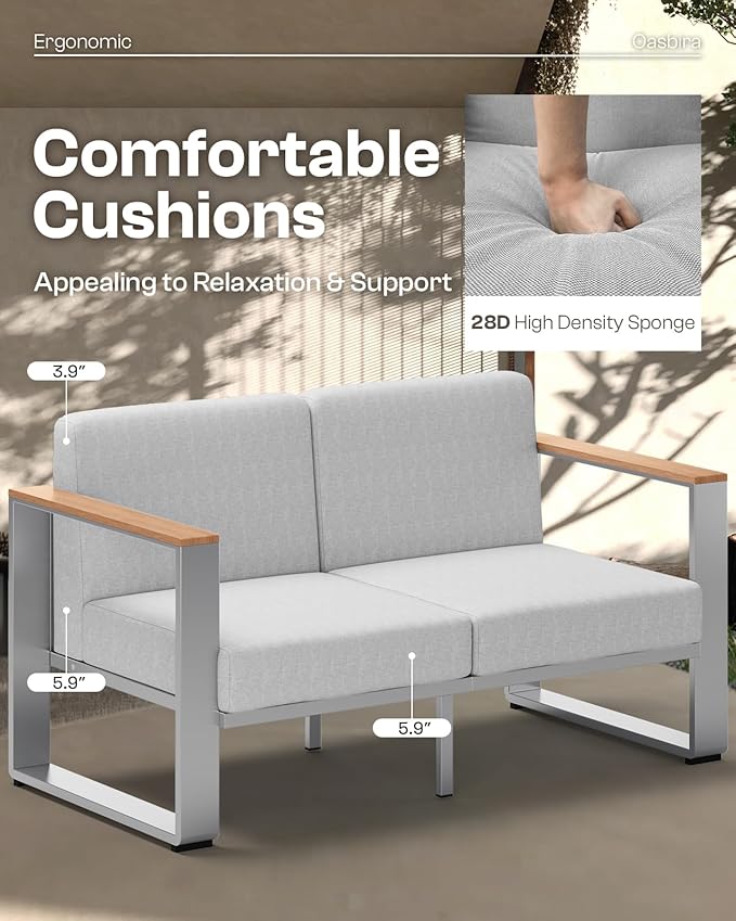 Outdoor Patio Furniture Set, 4 Piece Aluminum Patio Furniture Set with Wide Seat and Thick Cushions, Modern Outdoor Patio Conversation Sets for Deck, Porch (Teak-Gray)