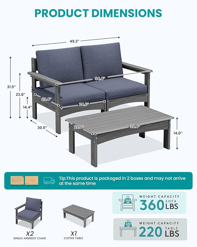 SERWALL HDPE Patio Sofa Set, 3 Pieces Conversation Set, All-Weather Outdoor Couch Sectional Sofas, Patio Furniture Set with Coffee Table for Balcony, Garden, Poolside, Grey Frame with Grey Cushion