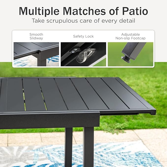 PHI VILLA Expandable Outdoor Dining Table for 6-8, Rectangle Metal Wrought Iron Extendable Table, Large Dining Furniture for Patio, Yard, Porch, Deck