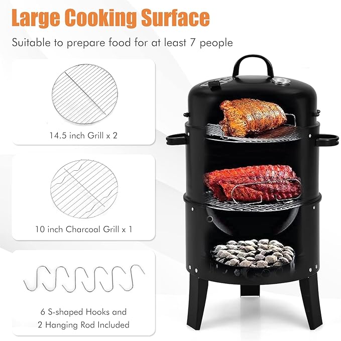 HAPPYGRILL 3-in-1 Charcoal Smoker Grill, Outdoor Vertical Charcoal Smoker with Built-in Thermometer & Adjustable Vent System, 2-Layer Separable BBQ Grills for Camping & Family Cooking