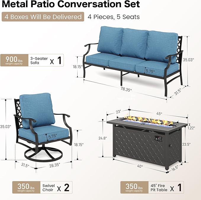 SUNSHINE VALLEY 4 Piece Metal Outdoor Patio Furniture Sets with 5000 BTU Firepit Table, Patio Conversation Sets 1 3-seater Sofa, 2 Swivel Chair with 5.75" Thick Cushion, Black Backyard Furniture, Navy