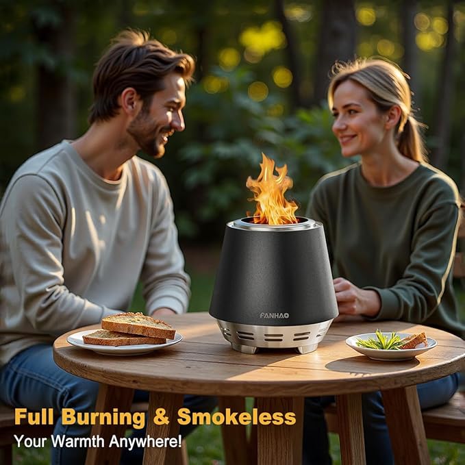 FANHAO Smokeless Tabletop Fire Pit with Stand, Stainless Steel Firepit for Camping, Outdoor & Patio, Wood Burning or Pellet Fueled Portable Bonfire with Carrying Bag | 120% More Efficient Burn